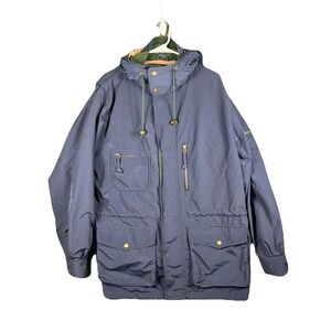 VTG Eddie Bauer Mens Navy Blue Hooded Parka Jacket Multi Pocket Drawstring Waist